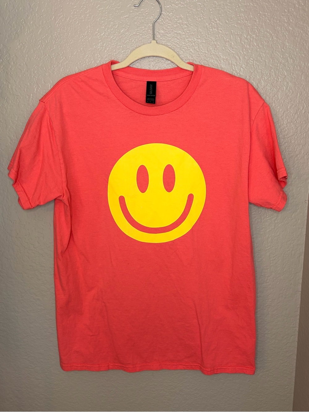 Gildan Coral Pink Short-Sleeve Tee with Yellow Smiley Graphic
